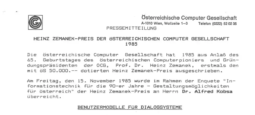 Screenshot: Pressemitteilung zur Verleihung des ersten Heinz Zemanek Preises