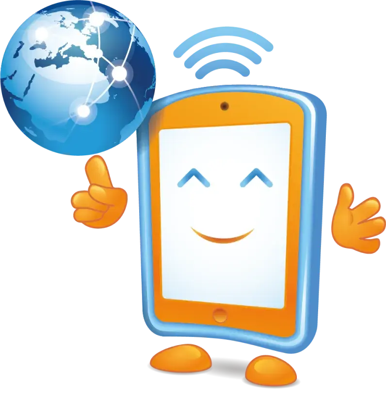 Saferinternet Day Logo (Illustration einer Weltkugel und einem fröhlich blickenden Smartphone)