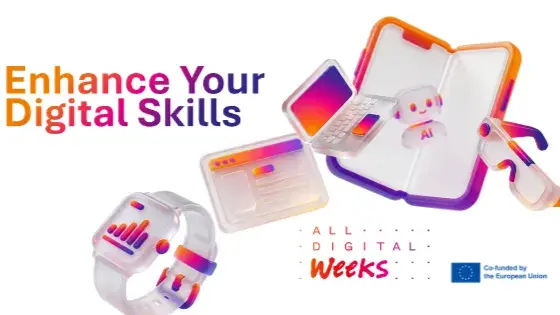 Sujet All Digital Weeks 2026, Slogan Enhance your Digital Skills, co-funded by the European Union; Illustrationen von Laptop, Roboter, VR-Brille, Smart Watch