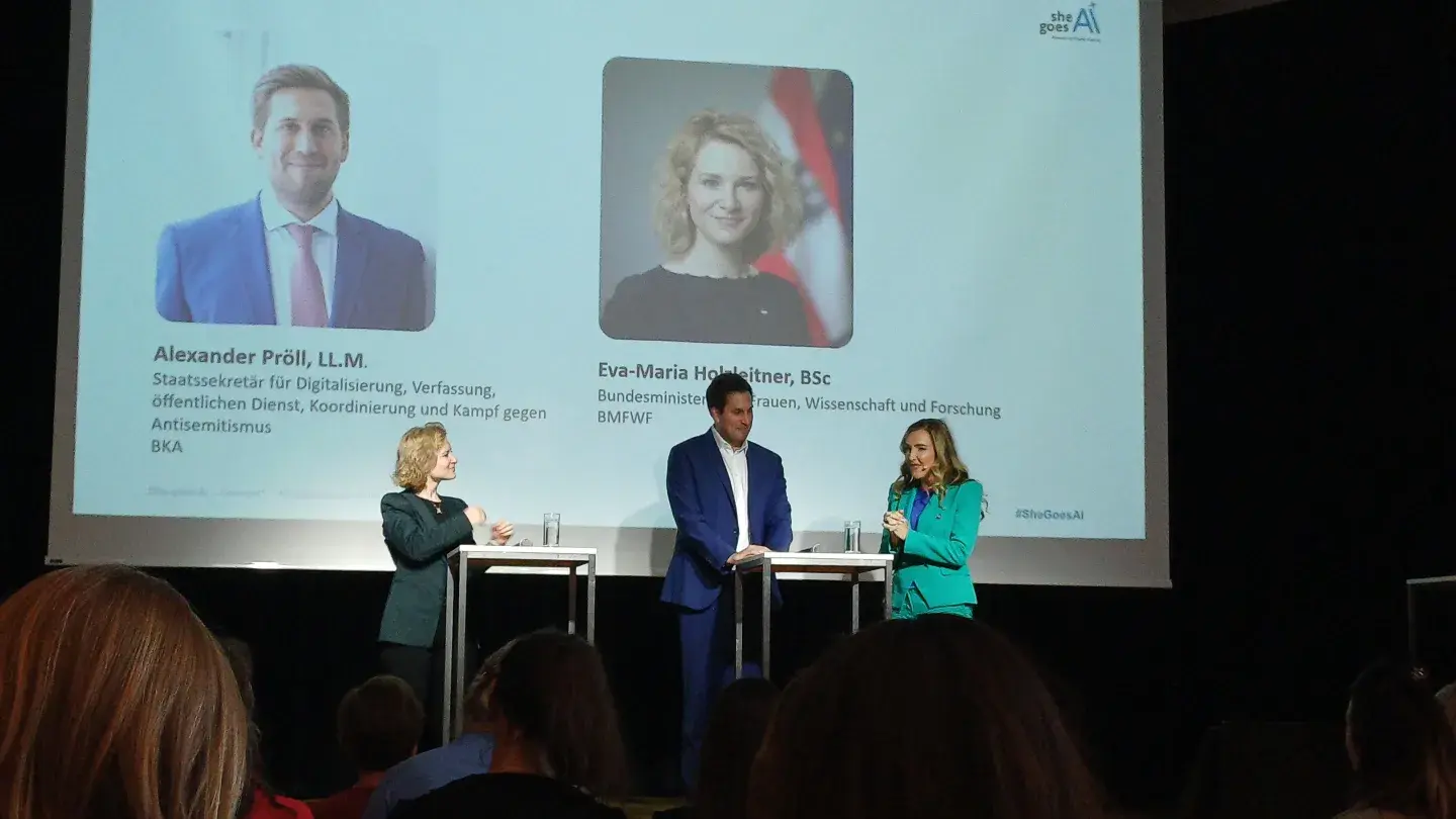 BM Eva-Maria Holzleitner, Staatssekretär Alexander Pröll und Moderatorin auf der Bühne beim Kick-off von She goes AI