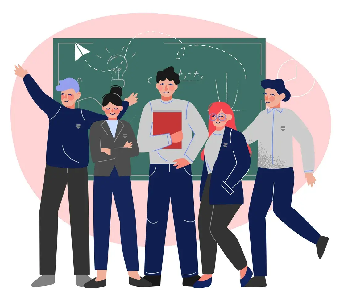 © 2026 iStockphoto LP Group of Students Standing Together in Front of Blackboard, Teenage Boys and Girls in Uniform in Classroom Illustration