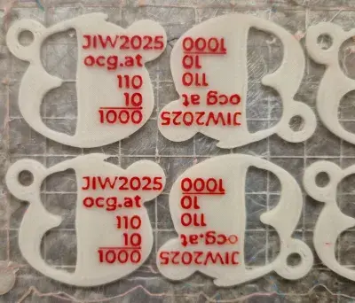 3D-Druck Anhänger mit Aufschrift JIW 2025, ocg.at, 110+10=1000