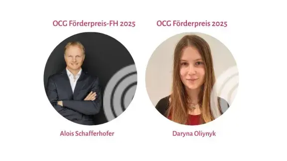 Portraitbilder des OCG Förderpreis-FH 2025 Gewinners Alois Schafferhofer und der OCG Förderpreis 2025 Gewinnerin Daryna Oliynyk
