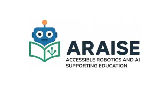 ARAISE Accessible Robotics and AI Supporting Education, Logo: niedlicher Roboterkopf mit Heft in der Hand auf dem ein Netzsymbol zu sehen ist