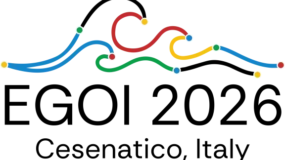 Logo EGOI 2026, Cesenatico, Italy; darüber bunte Wellen