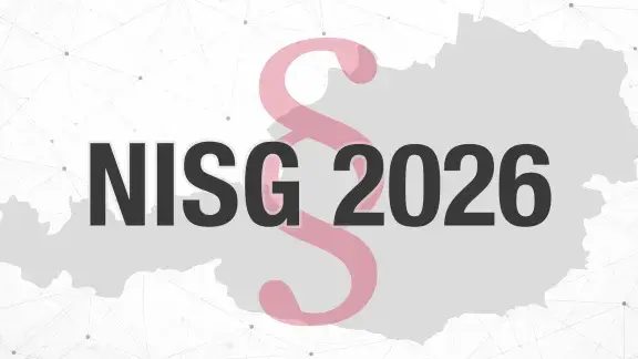 Umriss von Österreich, Paragraphenzeichen, Schriftzug NISG 2026