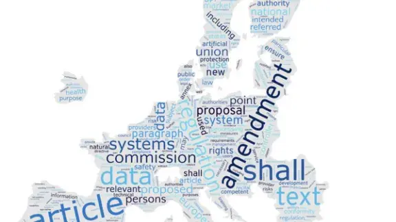 ATLAWS Landkarte zeigt eine EU-Landkarte mit Schlagwörtern: article, amendment, shall, text, data, commission, proposal, personal, systems etc.