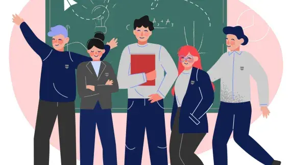 © 2026 iStockphoto LP Group of Students Standing Together in Front of Blackboard, Teenage Boys and Girls in Uniform in Classroom Illustration