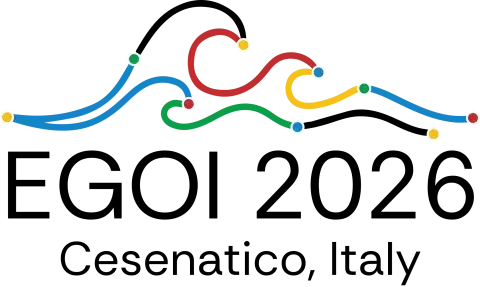 Logo EGOI 2026, Cesenatico, Italy; darüber bunte Wellen